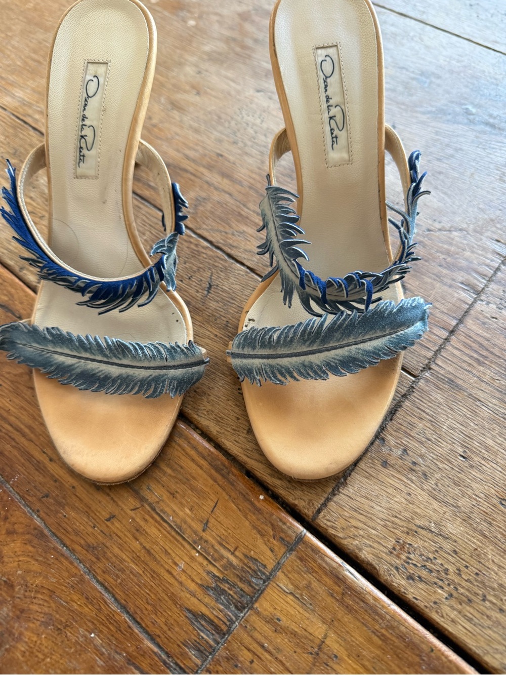 Oscar de la Renta Tan Slide Sandals with Blue Feather Trim